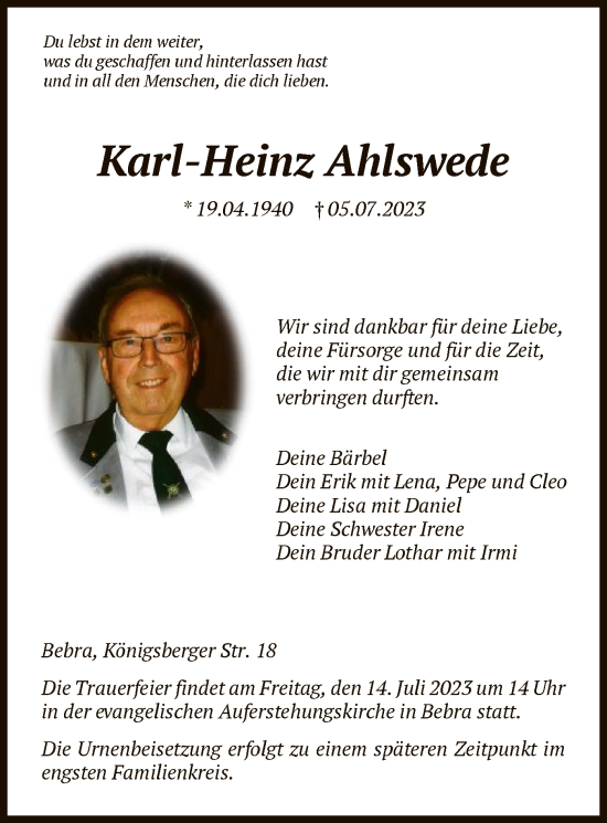 Todesanzeige von Karl-Heinz Ahlswede von HNA