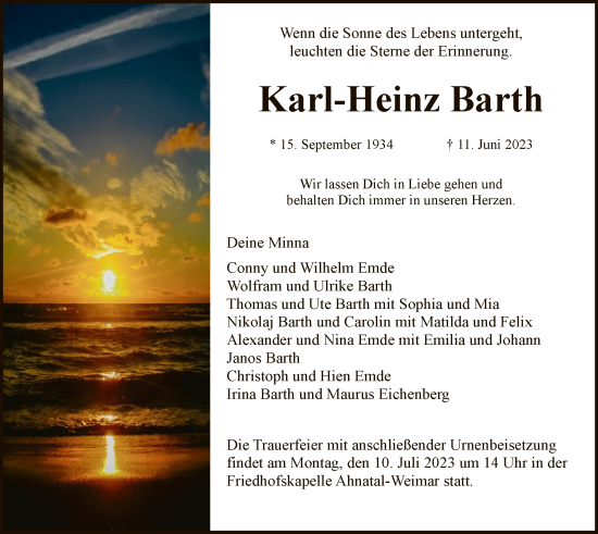 Todesanzeige von Karl-Heinz Barth von HNA