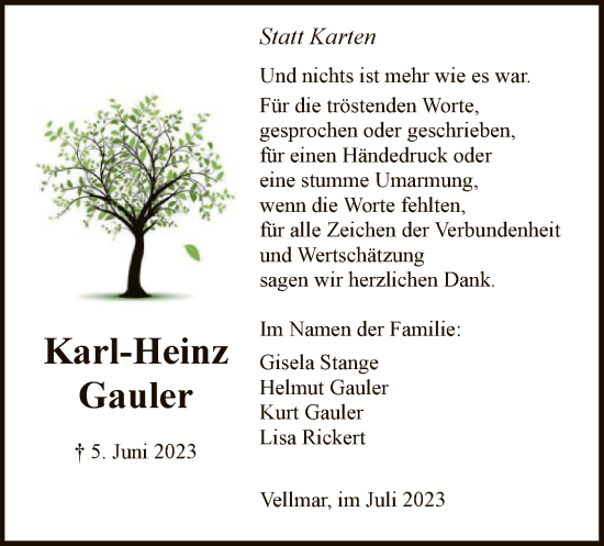 Todesanzeige von Karl-Heinz Gauler von HNA