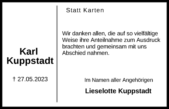 Todesanzeige von Karl Kuppstadt von HNA