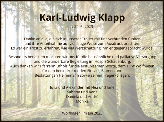 Todesanzeige von Karl-Ludwig Klapp von HNA