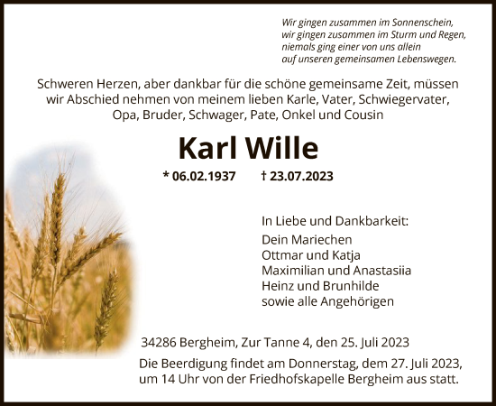 Todesanzeige von Karl Wille von HNA
