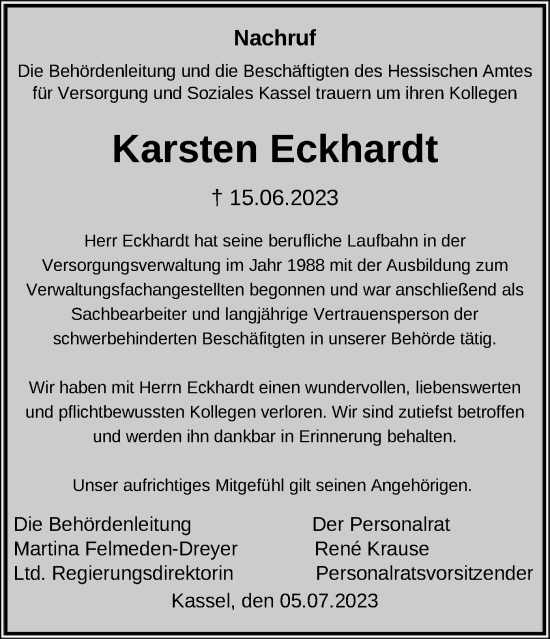 Todesanzeige von Karsten Eckhardt von HNA