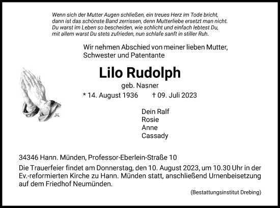 Todesanzeige von Lilo Rudolph von HNA