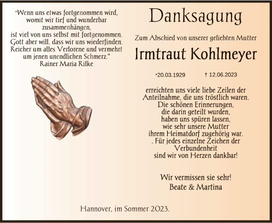 Todesanzeige von lrmtraut Kohlmeyer von HNA