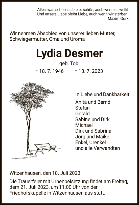 Todesanzeige von Lydia Desmer von HNA