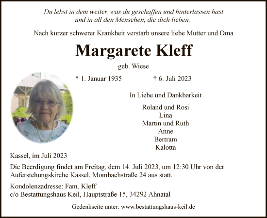 Todesanzeige von Margarete Kleff von HNA