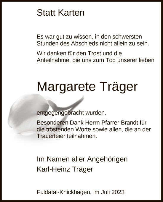 Todesanzeige von Margarete Träger von HNA