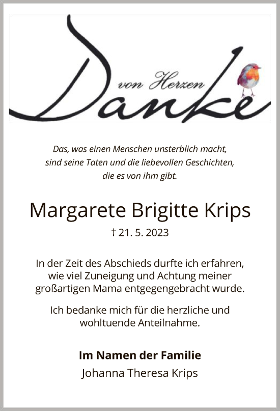 Todesanzeige von Margarete Brigitte Krips von HNA