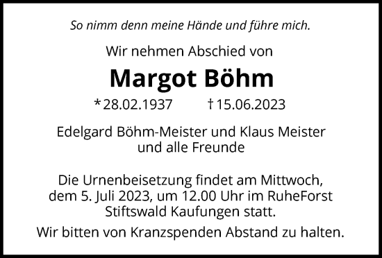Todesanzeige von Margot Böhm von HNA