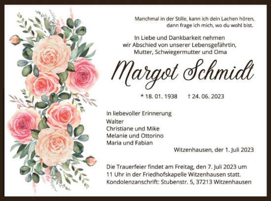 Todesanzeige von Margot Schmidt von HNA