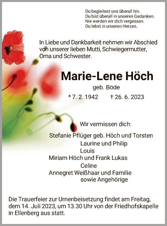 Todesanzeige von Marie-Lene Höch von HNA