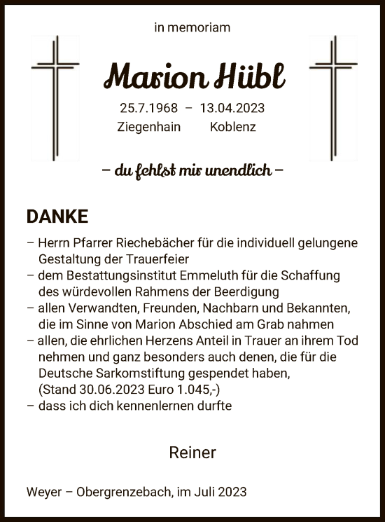 Todesanzeige von Marion Hübl von HNA
