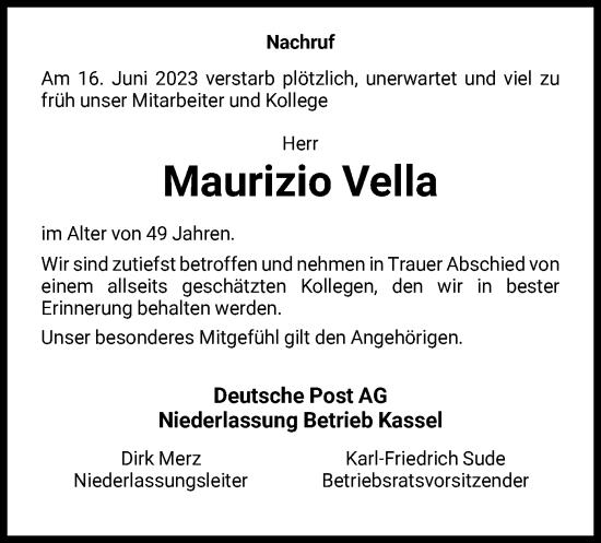 Todesanzeige von Maurizio Vella von HNA
