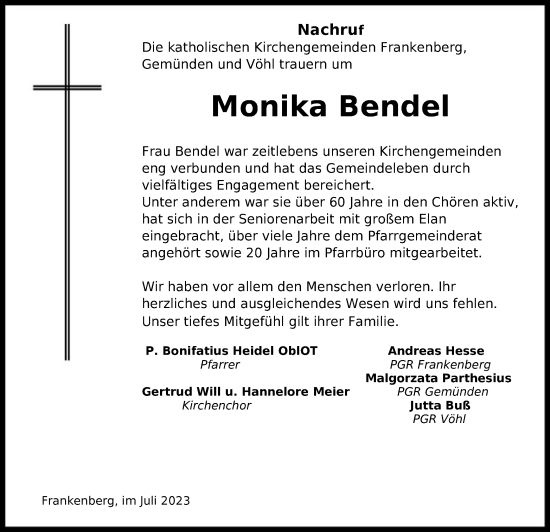 Todesanzeige von Monika Bendel von HNA