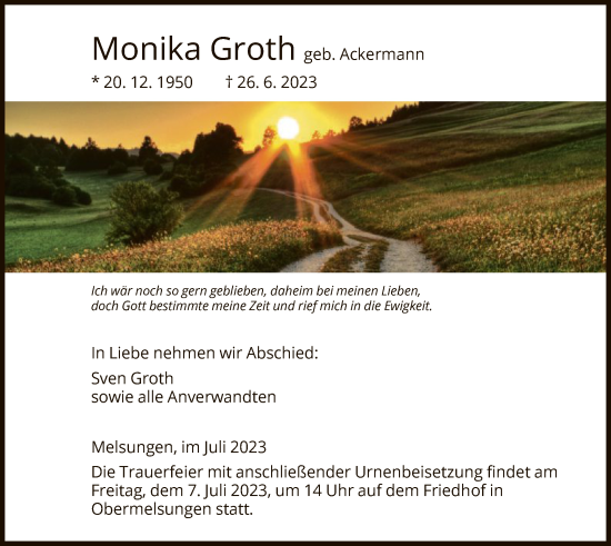 Todesanzeige von Monika Groth von HNA