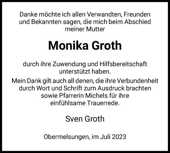 Todesanzeige von Monika Groth von HNA