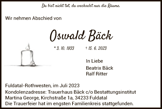 Todesanzeige von Oswald Bäck von HNA