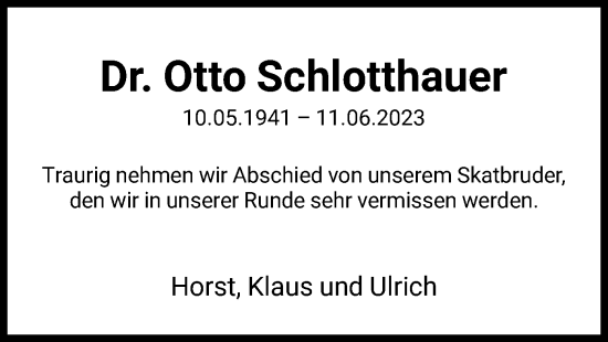 Todesanzeige von Otto Schlotthauer von HNA