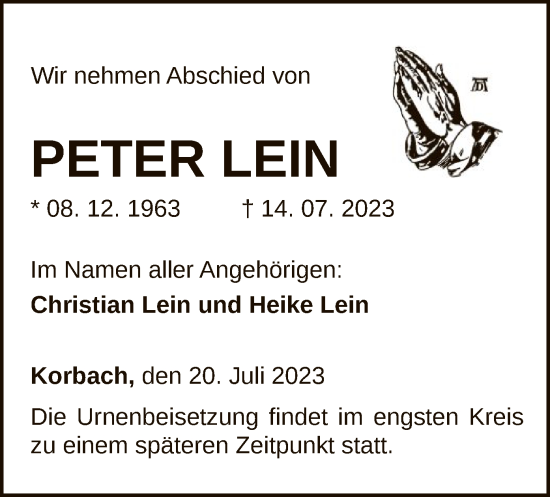 Todesanzeige von Peter Lein von WLZ
