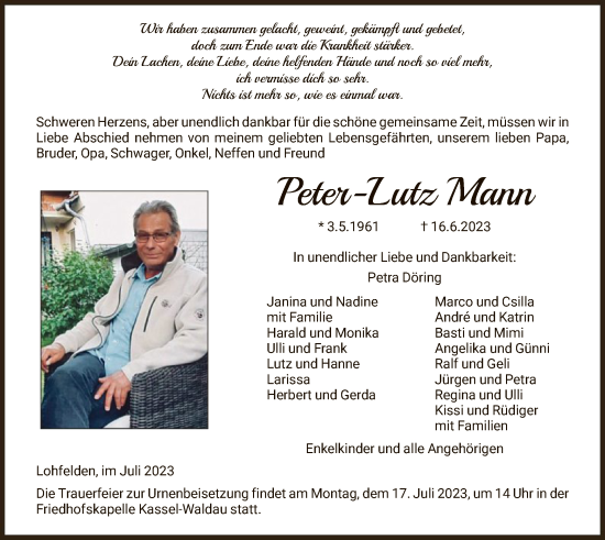 Todesanzeige von Peter-Lutz Mann von HNA