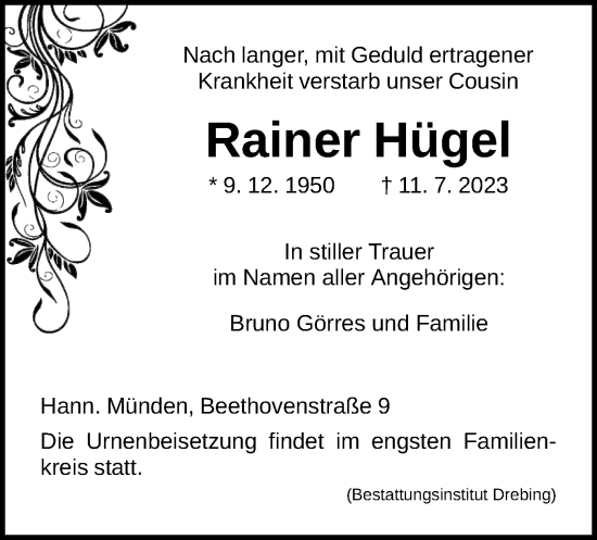 Todesanzeige von Rainer Hügel von HNA