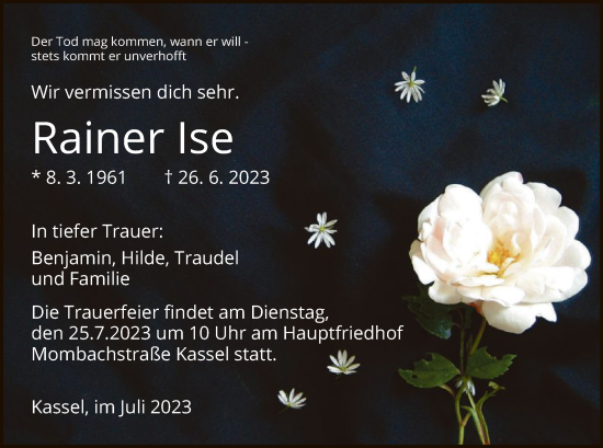 Todesanzeige von Rainer Ise von HNA