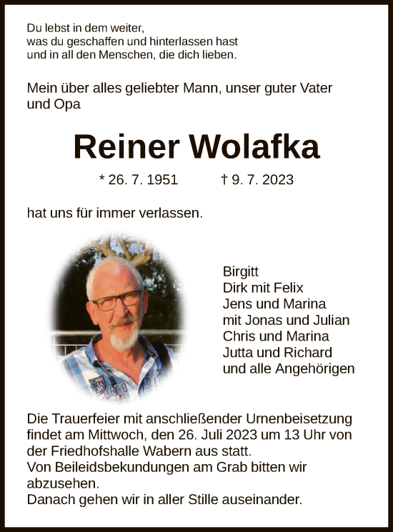 Todesanzeige von Reiner Wolafka von HNA