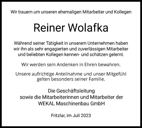 Todesanzeige von Reiner Wolafka von HNA