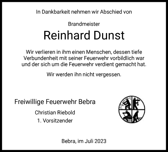 Todesanzeige von Reinhard Dunst von HNA