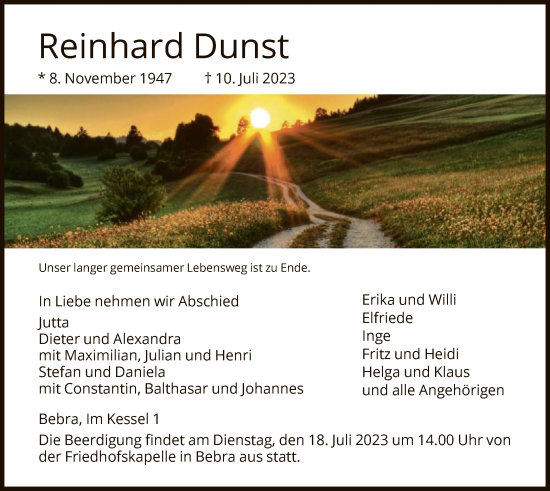 Todesanzeige von Reinhard Dunst von HNA