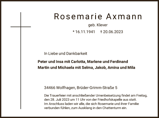 Todesanzeige von Rosemarie Axmann von HNA