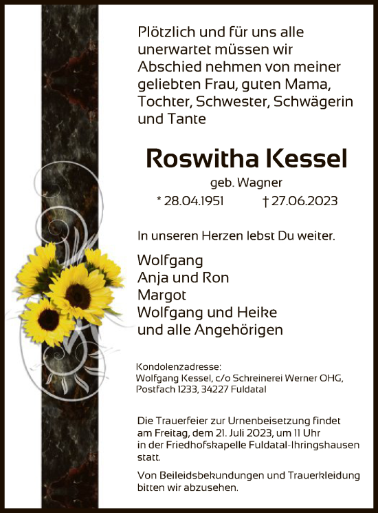 Todesanzeige von Roswitha Kessel von HNA