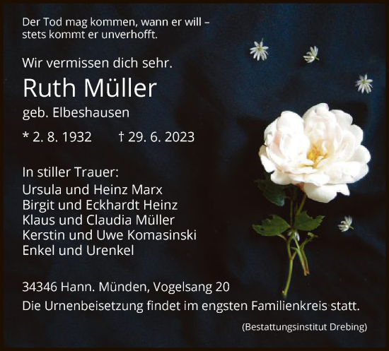 Todesanzeige von Ruth Müller von HNA