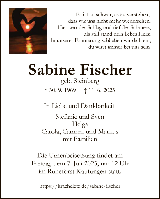 Todesanzeige von Sabine Fischer von HNA