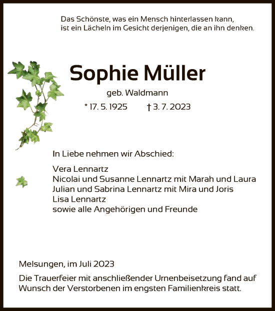 Todesanzeige von Sophie Müller von HNA