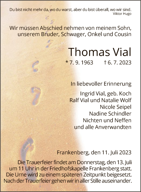 Todesanzeige von Thomas Vial von HNA