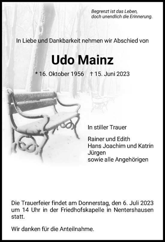 Todesanzeige von Udo Mainz von HNA