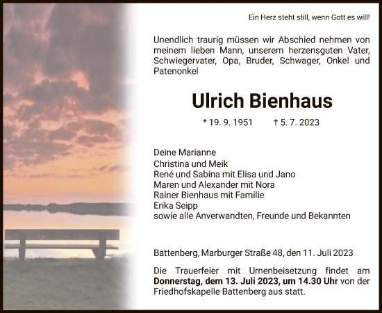 Todesanzeige von Ulrich Bienhaus von HNA