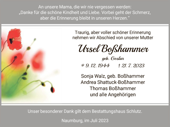 Todesanzeige von Ursel Boßhammer von HNA