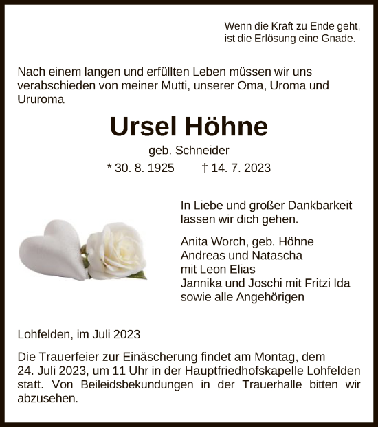 Todesanzeige von Ursel Höhne von HNA