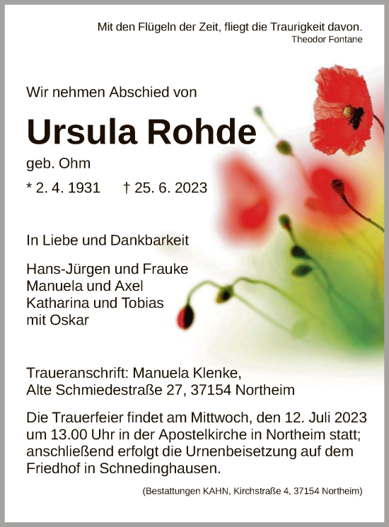 Todesanzeige von Ursula Rohde von HNA