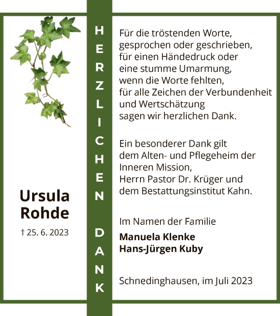 Todesanzeige von Ursula Rohde von HNA