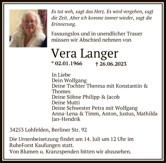 Todesanzeige von Vera Langer von HNA