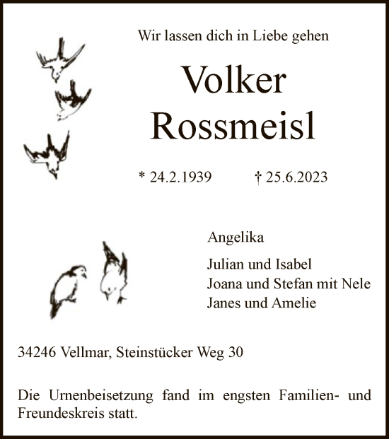 Todesanzeige von Volker Rossmeisl von HNA