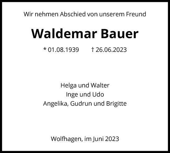 Todesanzeige von Waldemar Bauer von HNA
