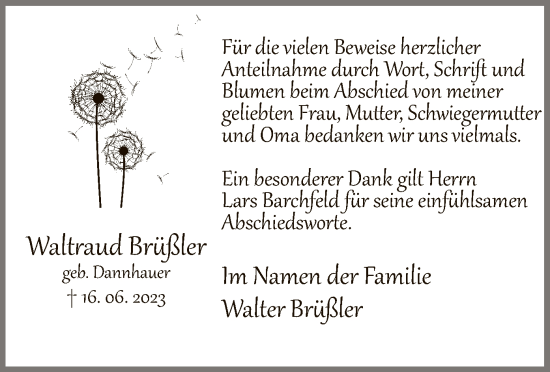 Todesanzeige von Waltraud Brüßler von HNA