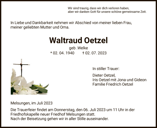 Todesanzeige von Waltraud Oetzel von HNA