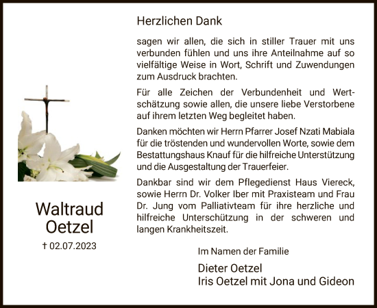 Todesanzeige von Waltraud Oetzel von HNA