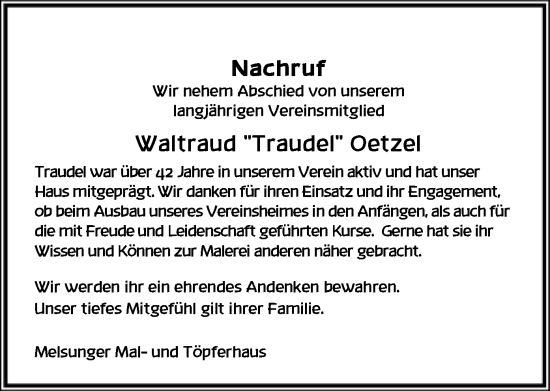 Todesanzeige von Waltraud Oetzel von HNA
